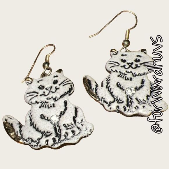 Silver Tone Cat Dangle Earrings with Rhinestone Accents - Picture 5 of 8